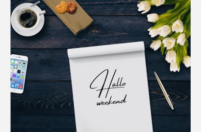 notitieblok, tulpen, koffie koekjes, blijmakers voor het weekend