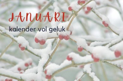 Besneeuwde takken met rode bessen met de tekst: Januari, kalender vol geluk. Coverfoto bij blog kalender vol geluk voor januari 2024