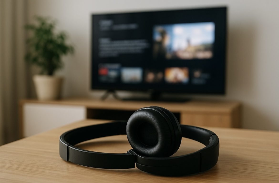 koptelefoon op tafel met op achtergrond televie aan, bij blog over series en podcasts