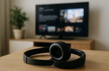 koptelefoon op tafel met op achtergrond televie aan, bij blog over series en podcasts