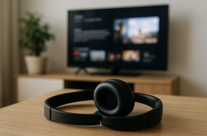 koptelefoon op tafel met op achtergrond televie aan, bij blog over series en podcasts