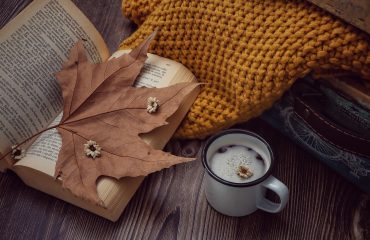 Boek met herfst blad bij boeken blog met daarin In dit boekenrondje bespreek ik vier heel verschillende boeken: Een klein leven (2016), De loods van Mathijs Deen, een korte novelle én de feelgoodroman The Pumpkin Spice Café.