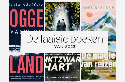 Afbeelding van de boekomslagen Valwind, Inktzwart hart en de magie van reizen met daarover in wit blok met de tekst De laatste boeken van 2023
