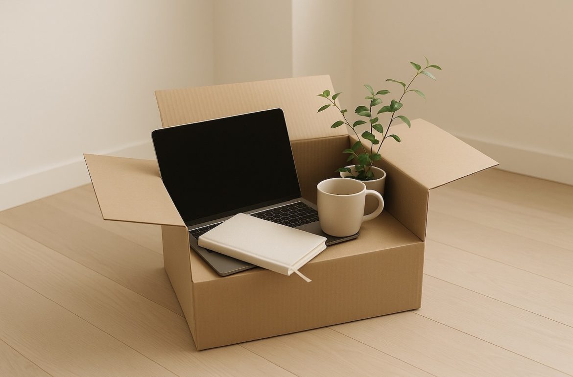 verhuisdoos met laptop en plant bij blog over aankondiging zomerpauze van het bloggen