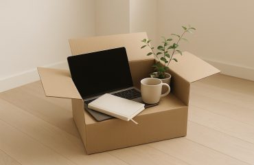 verhuisdoos met laptop en plant bij blog over aankondiging zomerpauze van het bloggen